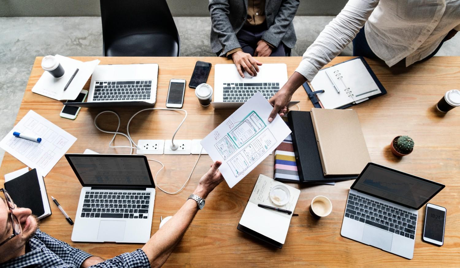 Overhead view team UI UX design wireframe