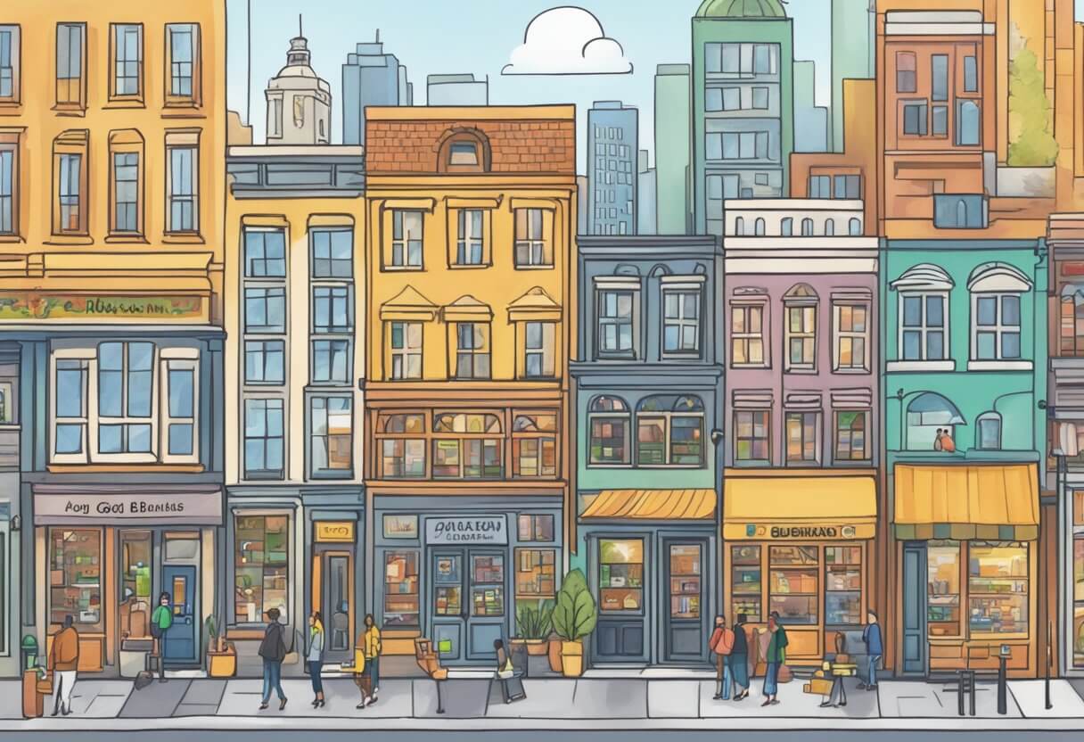 Bustling city street with various local businesses