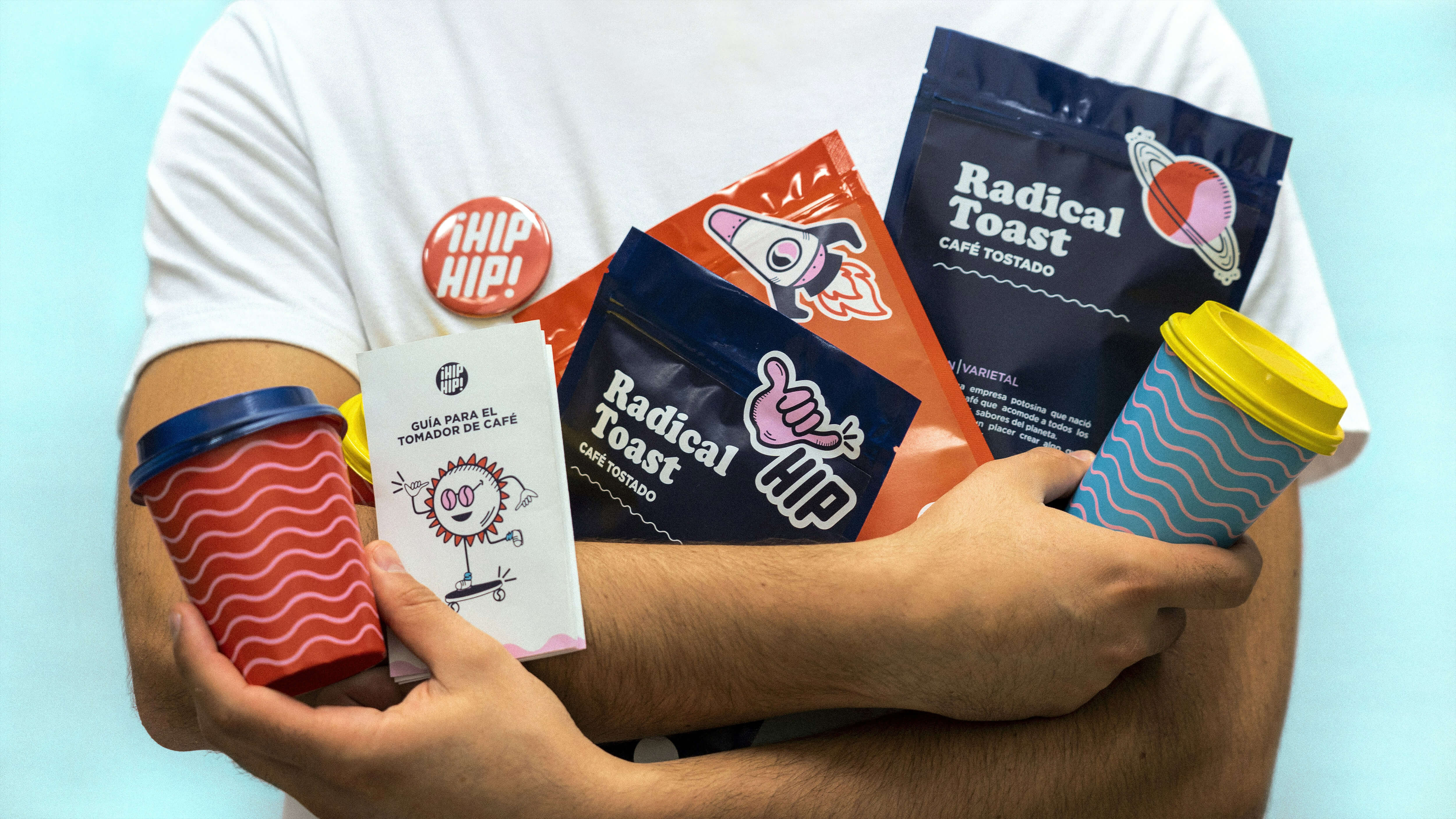 Man holding assortment brand packaging items
