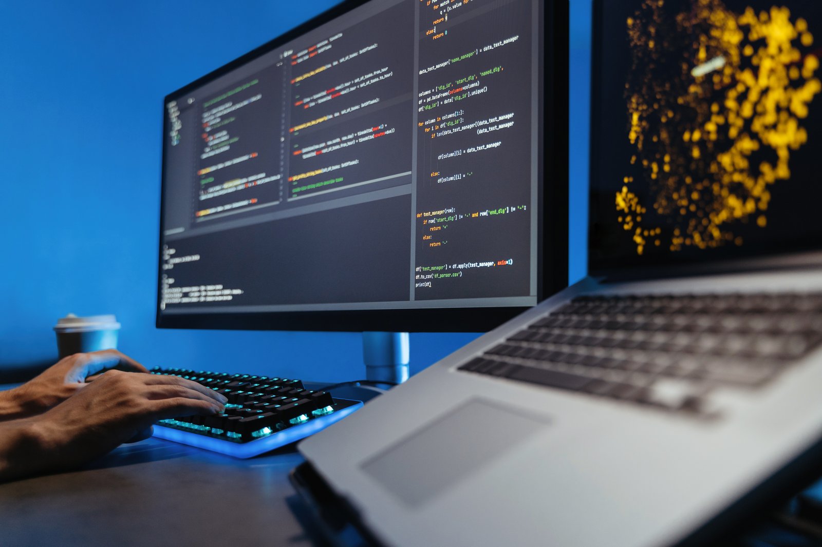 No face image of male hands typing on keyboard wr