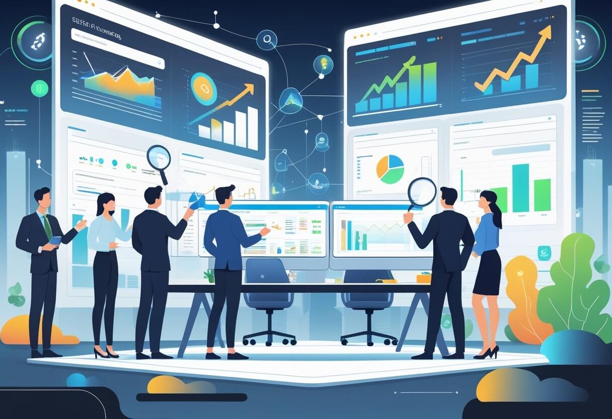 Group professionals analyzing digital data and graphs holographic screens