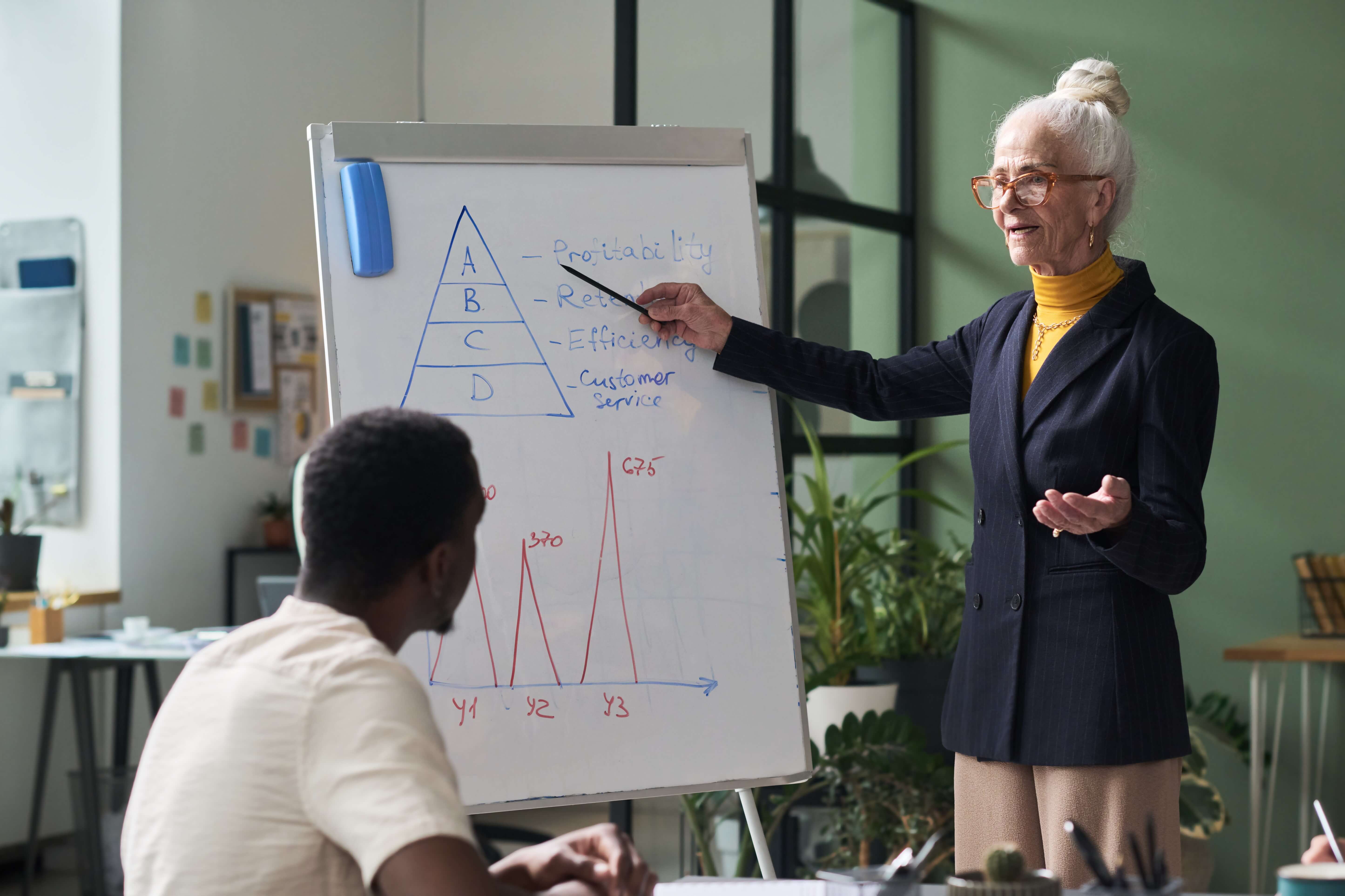 Senior woman leading business presentation modern office