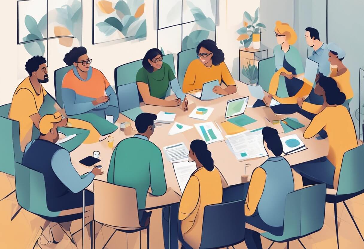Group diverse individuals gathered around table