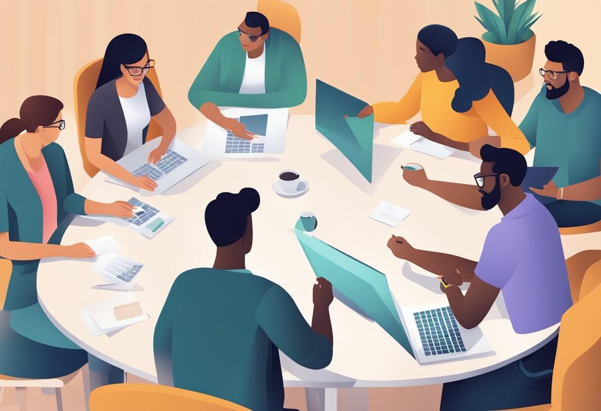 Group diverse people gather around table