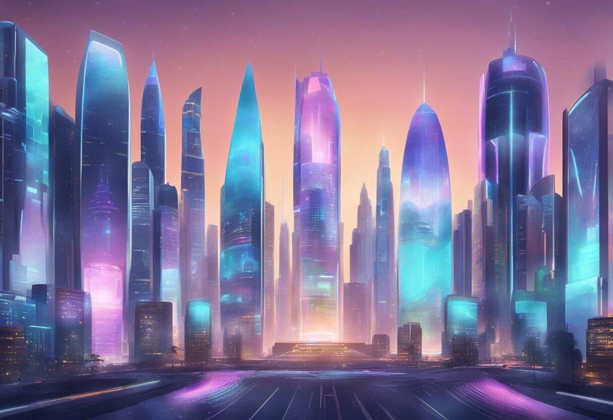 Futuristic city skyline with holographic video advertisements