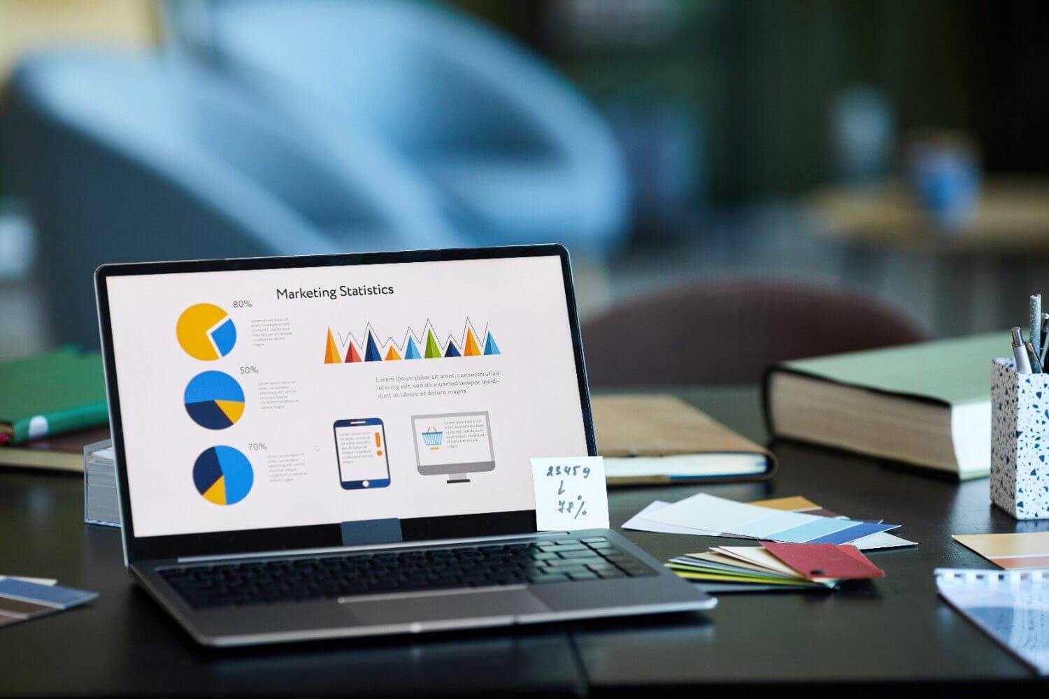 Screen laptop with group financial diagrams and illustrations