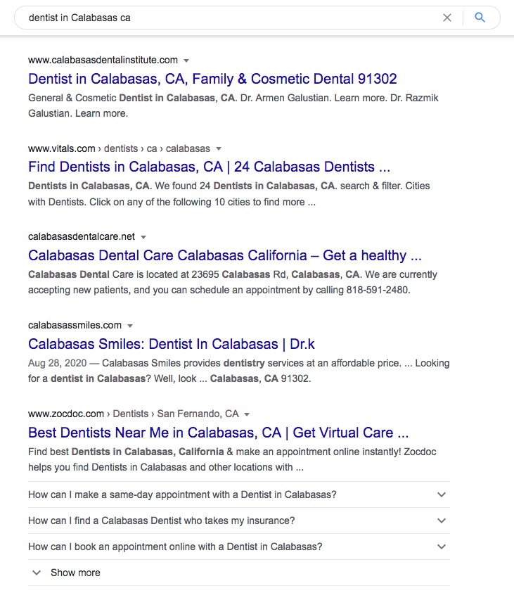 organic search results for the local seo term, "dentist in calabasa ca"