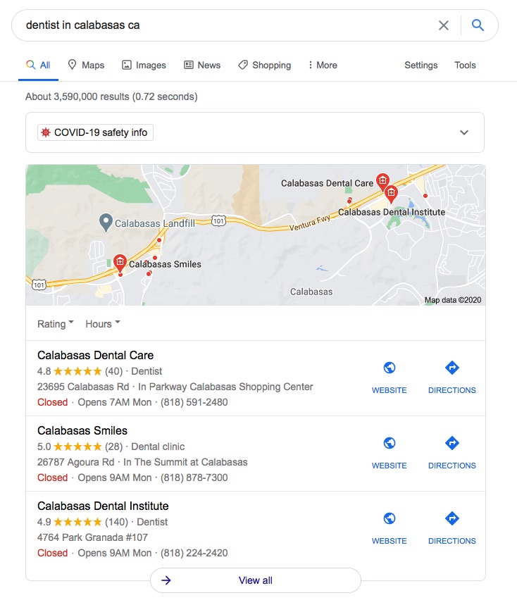 a google search result screenshot of dentist in calabasas ca for local seo