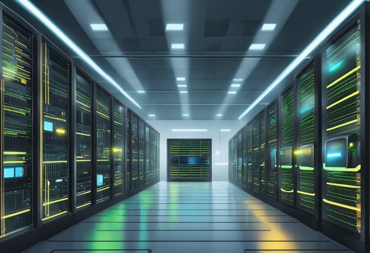 Computer server room with glowing screens and cables