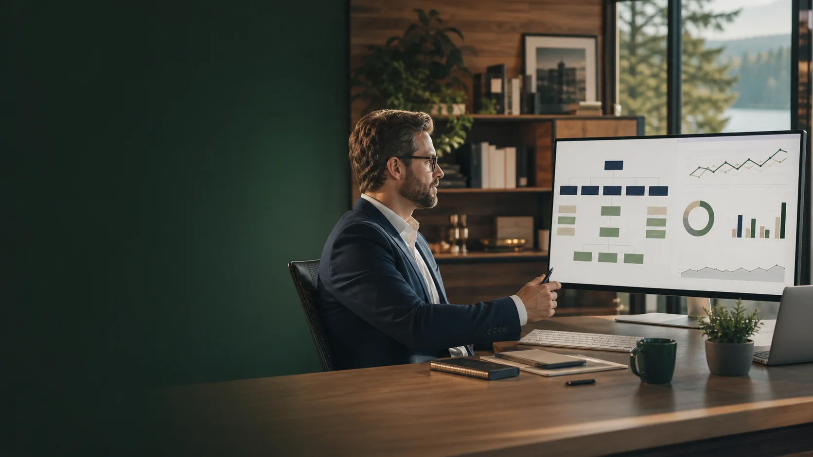 Representative CPA office with a website architecture and analytics dashboard on a large monitor