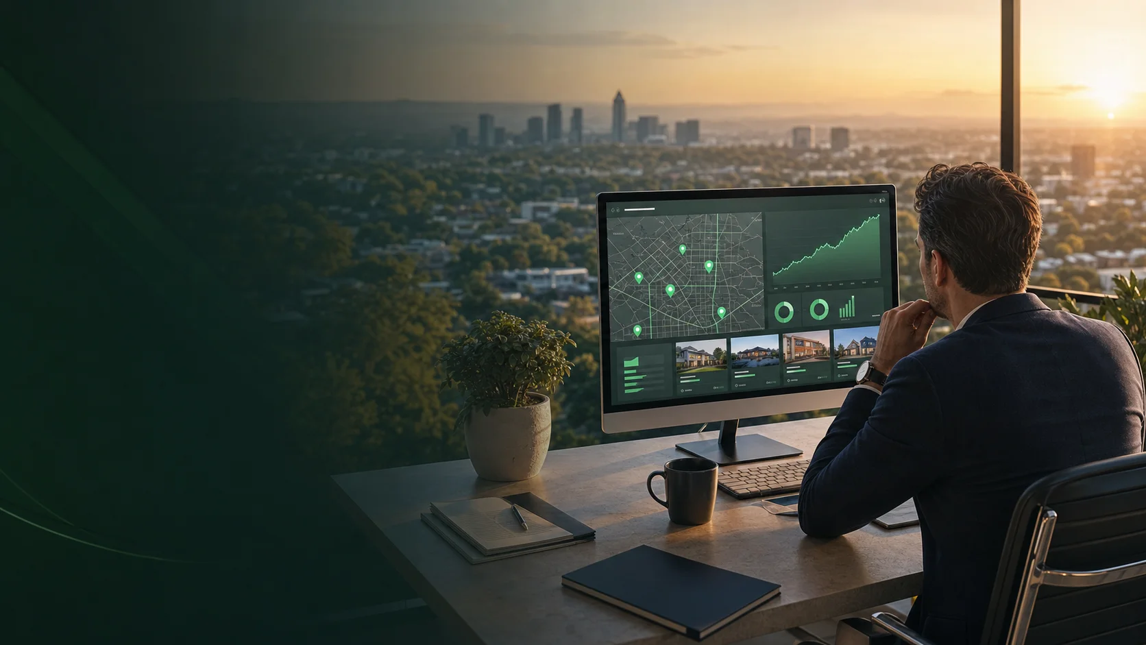 Representative real estate strategist reviewing local search maps and organic visibility charts