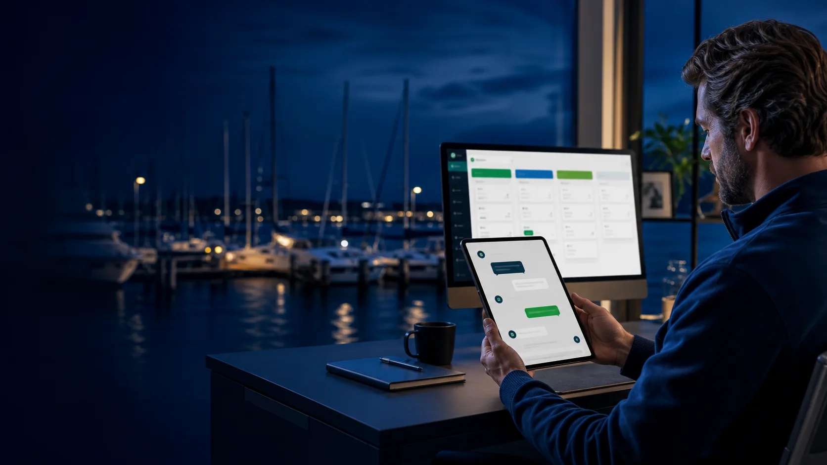 Representative marina manager reviewing an AI intake conversation and CRM pipeline at blue hour