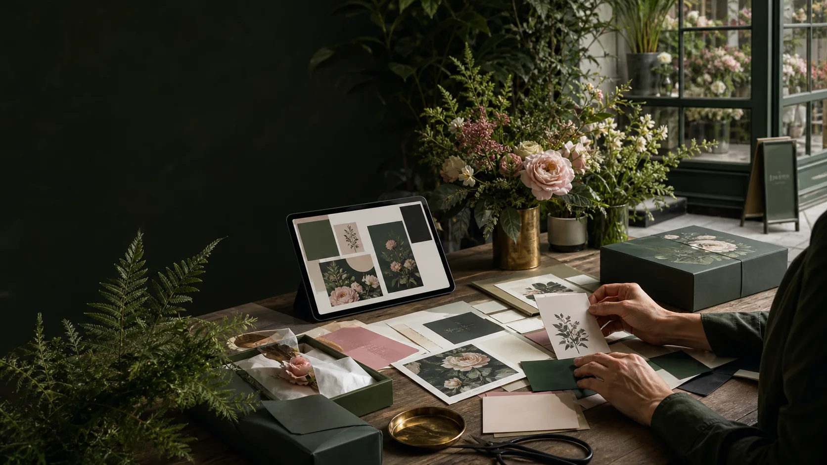 Representative floral brand identity materials arranged in a botanical design studio