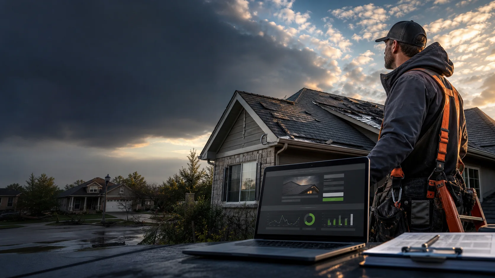 Representative roofing inspection after a storm with a conversion dashboard on a laptop